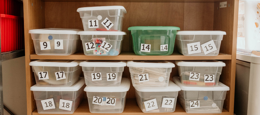 individual boxes containing independent work for building independence classroom setup - Watson Institute