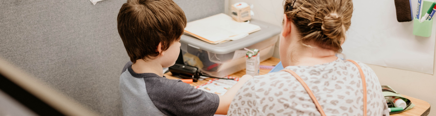 special education therapist seen working with a student at his desk - Watson Institute