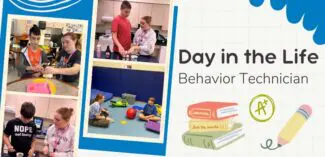 text on this image reads a day in the life of a behavior technician with photos of a behavior technician at the Watson Institute with her students