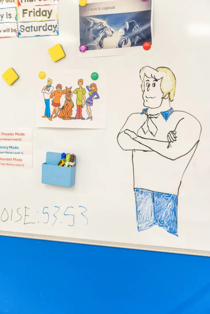 dry erase board picturing students' special interest area of Scooby Doo and friends for power cards - Watson Institute