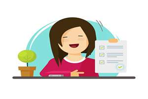 clip art image of a teacher holding up a check list seated at a desk