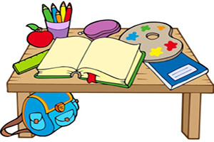 clip art image of desk filled with school materials