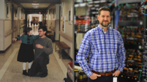 Then and now comparison of Watson employee, Ryan Young, first pictured with a student when he was an aide in 1998 and now as the director of IT in 2023.