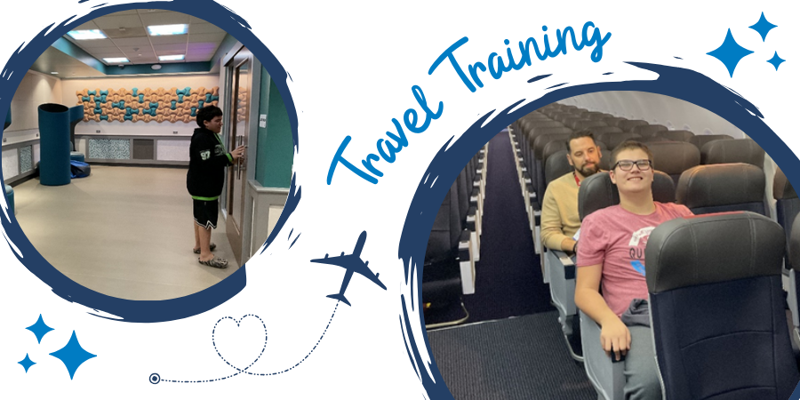 Text reads "Travel Training" and two images of autistic students at the airport in the sensory space