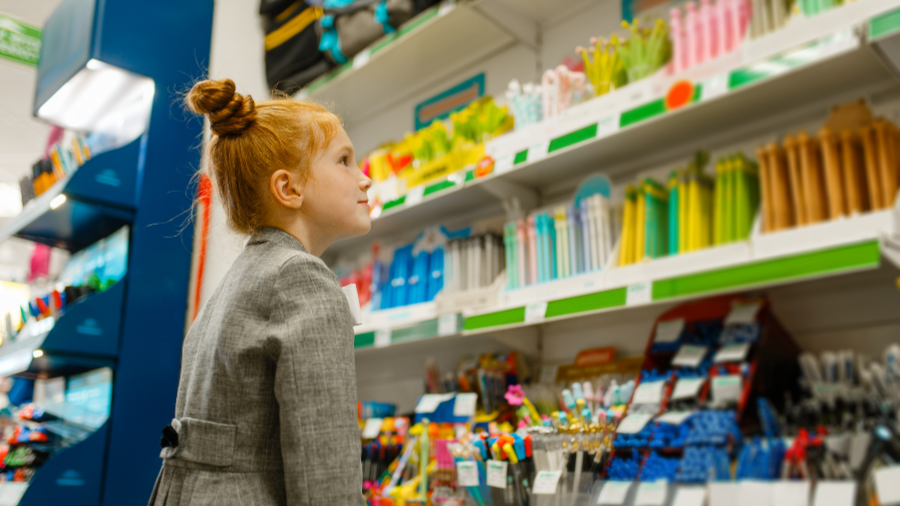 student looking at school supplies available in the school store, a strategy to improve peer social skills and interactions - Watson Institute